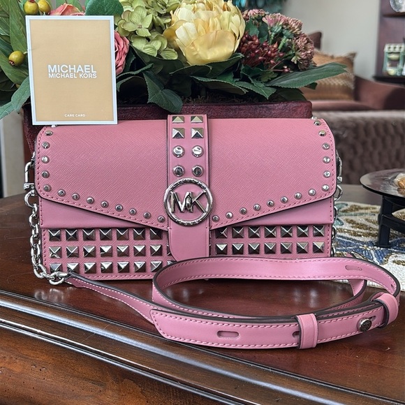 Brand New Michael Kors Pink Leather Greenwich Convertible Studded Shoulder Bag - Picture 16 of 16